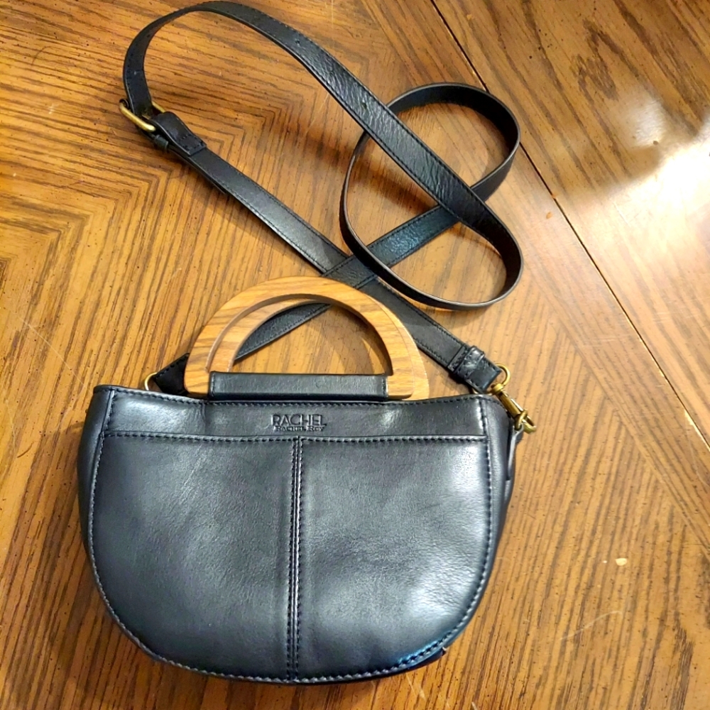Rachel Roy Women Crossbody Bag Purse Black Leather Magnetic Snap Wood Handle